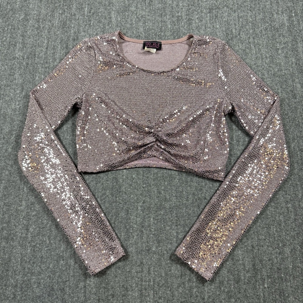 Hot Miami Styles Womens S Metallic Sparkle Long Sleeve Crop Top Made in USA